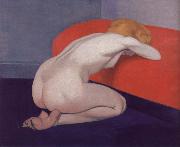 Felix Vallotton Nude Kneeling against a red sofa oil painting artist